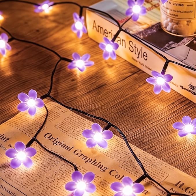 Purple Flower Fairy String Lights on Black Wire, Plug in Connectable 33FT 100 LED Waterproof with 8 Modes for Indoor Outdoor Christmas, Valentine's Day, Wedding Party & Patio Balcony Ambiance