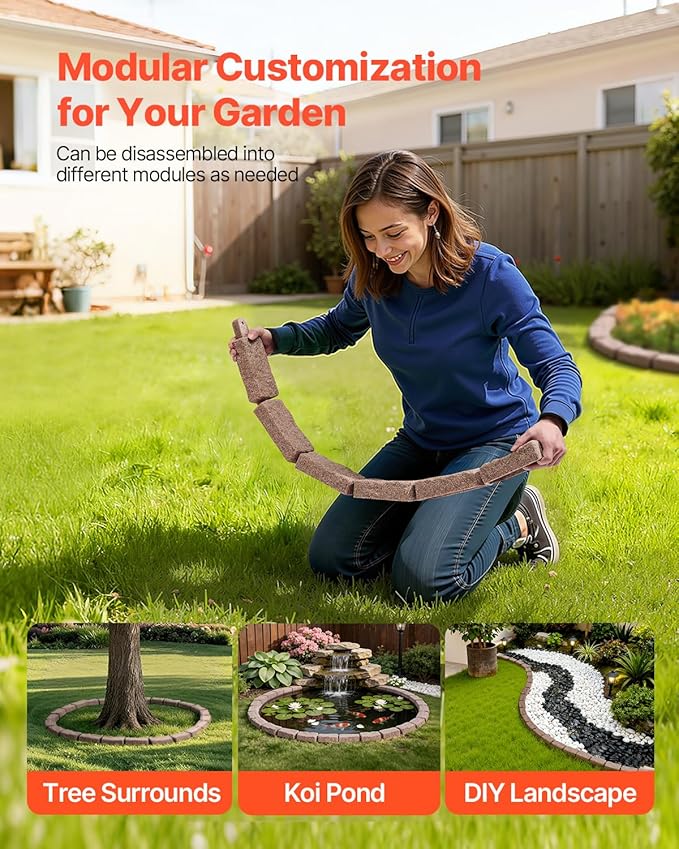 VEVOR Faux Stone Landscape Edging, No Dig Garden Edging Border, Flexible Blocks for Lawn Edging, Flower Beds, Driveway, Yards with 12 Spikes, 4 Pack 24 Bricks 16FT Kit, 46.5" Lx 3.7" W x 2.2" H, Brown