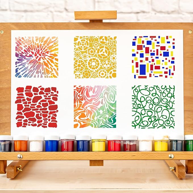 16 PCS Cubist Wood Texture Stencils, 6 Inch Texture Mixed Burlap Reusable Plastic Stencils for Painting on Wood, Geometric Cubist Layering Stencil for Wall Canvas Furniture Tile DIY Craft Home Decor