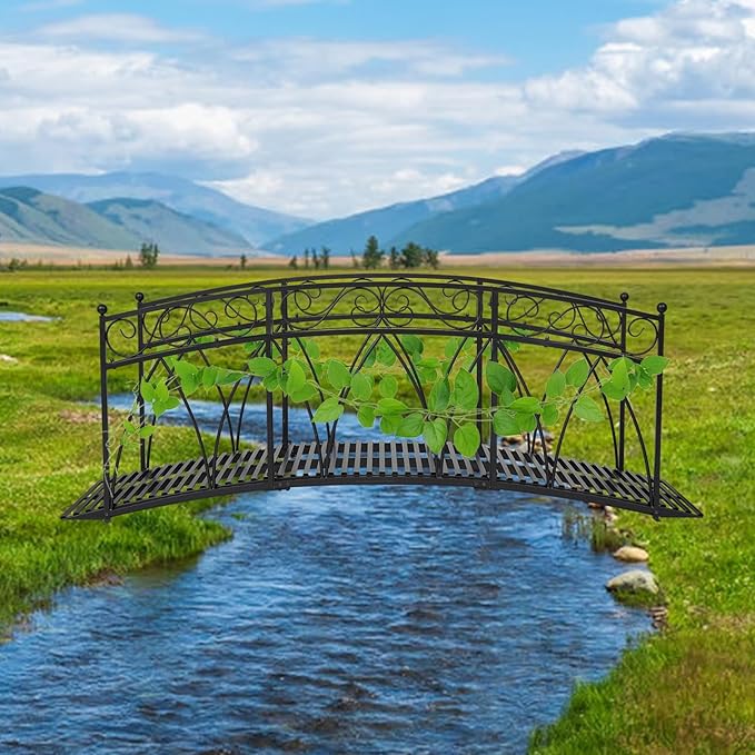 Kinlife 8 FT Metal Arch Garden Bridge – Heightened Patio Outdoor Bridge with Safety Guardrails, Decorative Landscaping Iron Footbridge for Backyard Creek Lawn Stream Fish Pond, Black