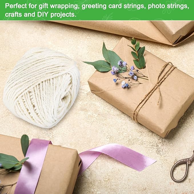 2-Pack Natural Jute Twine String, 3mm x 328ft/100m Long Garden Twine Balls for Crafts/Gift Wrapping/Gardening Plants, Durable Plant Ties Thick Rope [White]