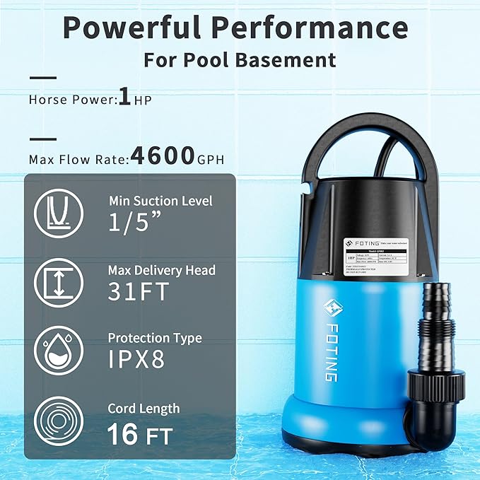 FOTING Sump Pump 1HP Clean/Dirty Submersible Water Pump,4600GPH Utility Pump Thermoplastic Electric Portable Transfer Water Pump for Swimming Pool Pond Basement with 10ft Power Cord,Auto