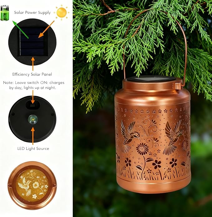 Gifts for Women Mom, Solar Lanterns Outdoor Garden Decor- Solar Lights Waterproof Hummingbird Decorative Hanging Metal Lights Gardening Gift for Outside Yard, Patio, Backyard, Farm