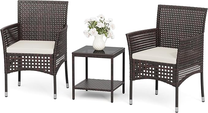 Devoko Outdoor 3 Piece Patio Furniture Set Wicker Chairs with Glass-top Coffee Table for Garden, Balcony, and Porch (Brown)