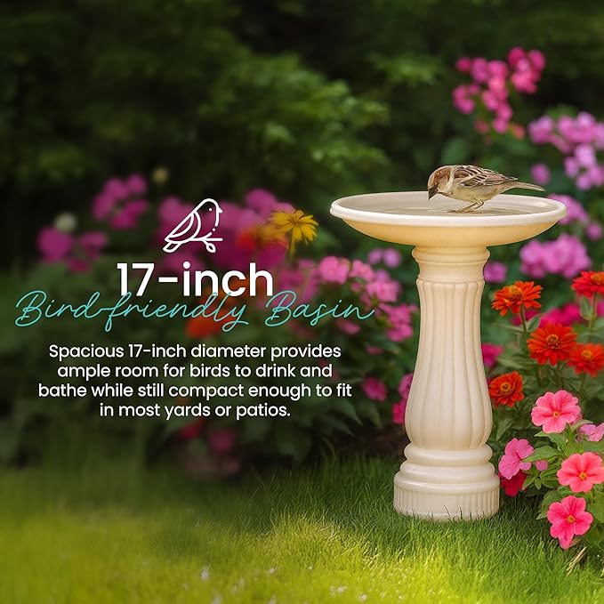 Bird Bath for Outside, Round Outdoor Patio Lawn and Garden Decor with Fillable Base for Stability, 17"D x 25"H, White