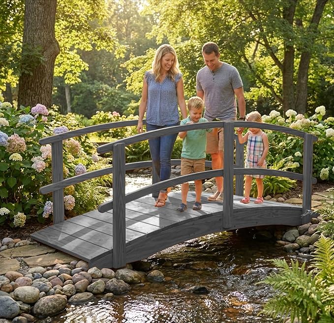 8 FT Grey Amish Made Garden Bridge with Double Rails for Walkway, Backyard Pond & Landscaping, Outdoor Wooden Footbridge for Koi Pond, Japanese Style Decorative Bridge, Made in USA