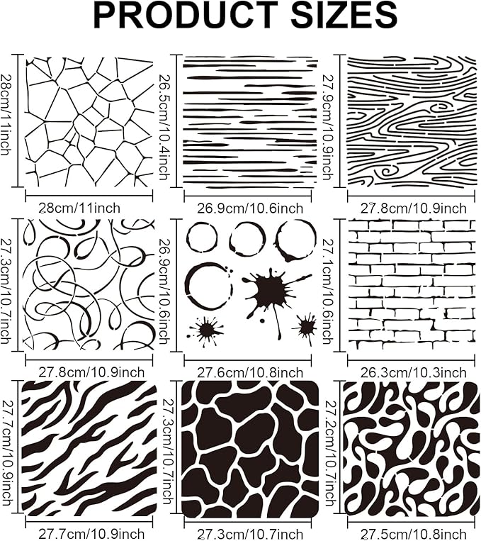 MAYJOYDIY 9pcs Texture Painting Stencils Marble Brick Crackle Background Spray Paint Art Stencils 11.8×11.8inch with Paint Brush for Wood Canvas Paper Floor Tile