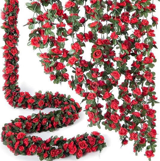 5 Pcs 8FT Flower Garland Artificial Flowers for Outdoors Fake Rose Vine Ivy Silk Flowers for Decoration/Anniversary/Wedding Birthday/Christmas/Home Decor/Garden Decor (Red)