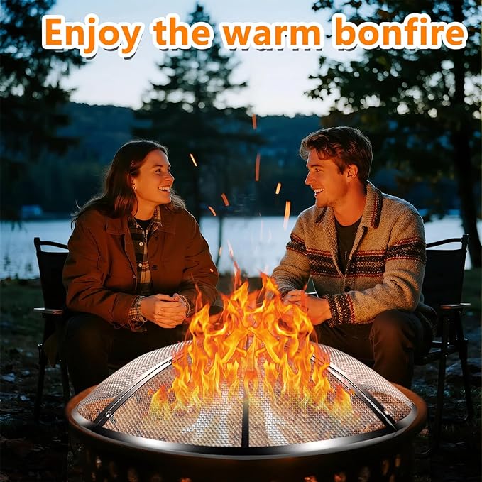 36 Inch Fire Pit Spark Screen,Stainless Steel Fire Pit Screen Cover with Handle&Poker,Outdoor Fire Pit Screen Cover Round Mesh Lid Heavy-Duty for Backyard/Beach/RV Camping