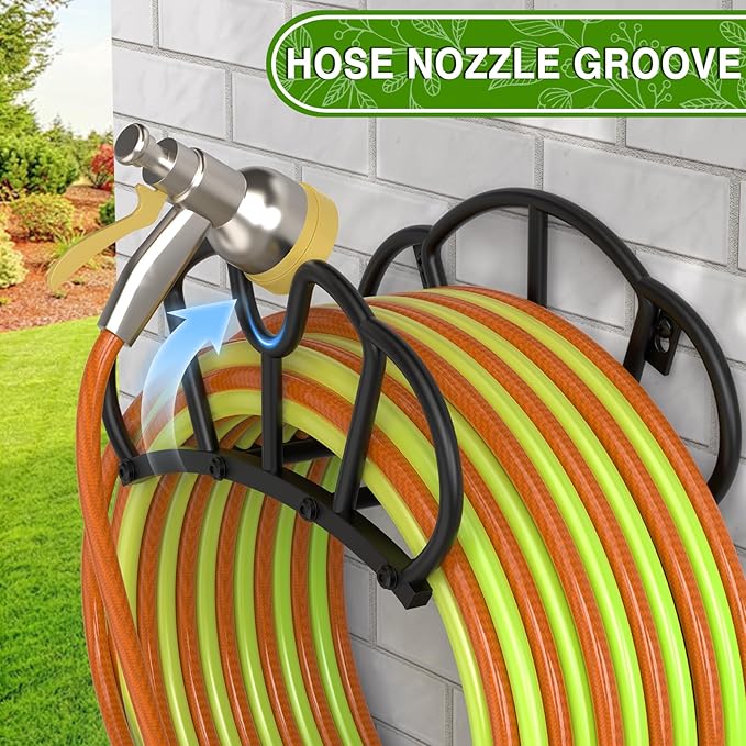 Super Stable Garden Hose Holder Wall Mount, Heavy Duty Water Hose holder Hanger Holds 125-Feet Hose, Metal Hose Storage Reel Rack Organizer for Outside Yard Lawn