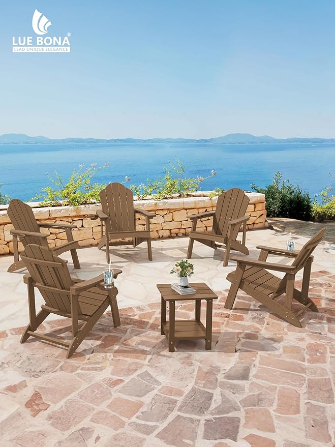 LUE BONA Wood-Grain HDPE Adirondack Chairs Set of 2 - Weather Resistant Seating with Cup Holder for Porch, Cabin, Deck & Fire Pit, Brown