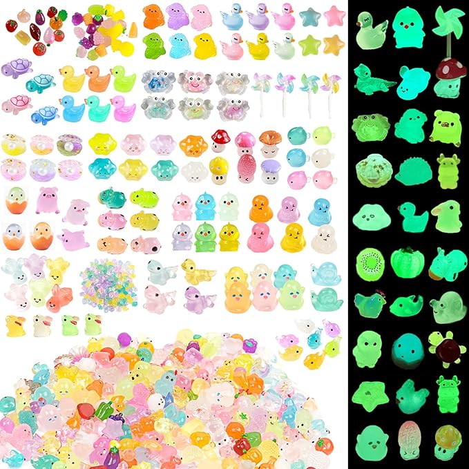 400pcs Luminous Mini Resin Animal in The Dark Tiny Miniature Figures Ornament Duck Frog Mushroom Owl Dog Rabbit Crab Dolphin Shell Fairy Garden Accessories Aquarium Landscape Bonsai Decor