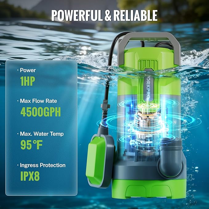WORKPRO Submersible Water Pump, 1HP 4500 GPH Sump Pump with Automatic Float Switch for Transferring Clean or Dirty Water, A Water Pump for Pool Draining, Flooded Basement, Pond, and Garden Irrigation