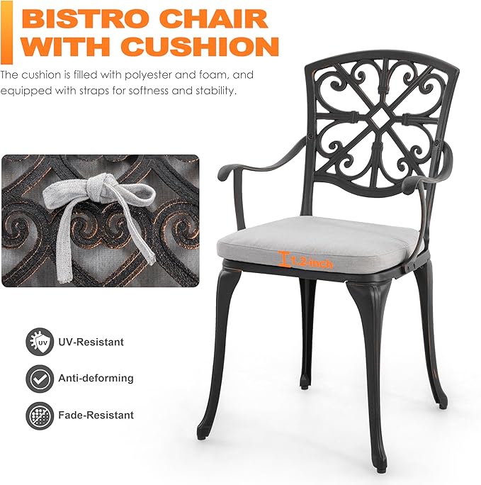NUU GARDEN Bistro Set 3 Piece Outdoor Cast Aluminum Patio Table and Chairs Set of 2 with Umbrella Hole and Grey Cushions for Backyard, Balcony, Lawn, Black