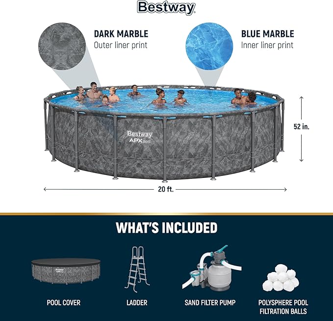Bestway APX 365 20' x 52" Above Ground Pool, Round Metal Frame Outdoor Swimming Pool Set with Sand Filter Pump, Ladder, and Cover, Dark Marble