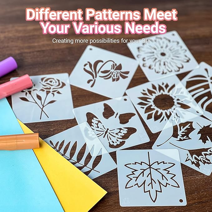 Flower Stencils for Painting, 64pcs 3 Inch Stencils for Crafts Rock Painting Stencils Plastic Reusable Stencils for Painting on Wood Wall Tile Home Decor