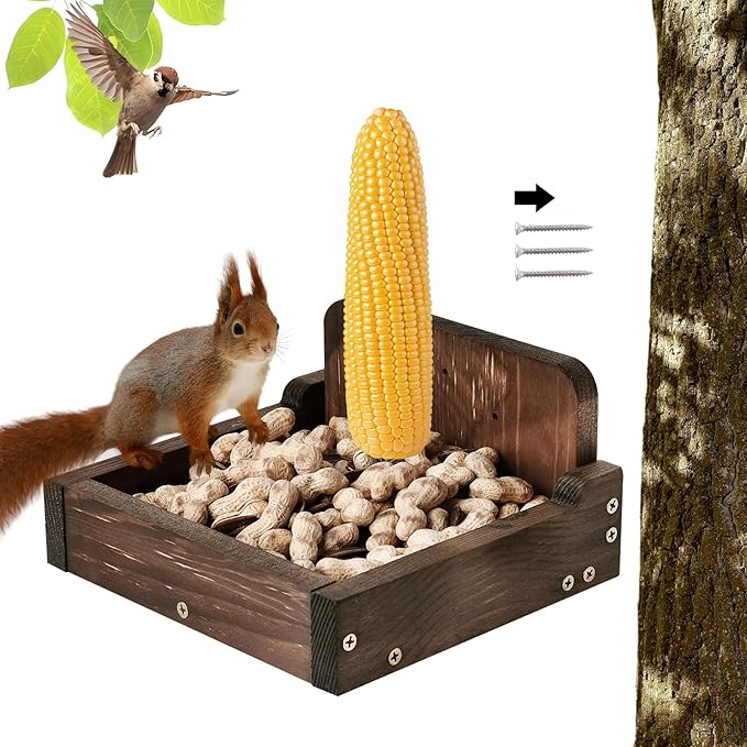 Durable Squirrel Feeder Outside, Squirrel Feeders for Outdoors, Chipmunk Feeder for Patio, Lawn, Garden, Squirrel Food for Backyard Squirrels Holds Corn Cobs, Peanut (Dark Brown, Small)