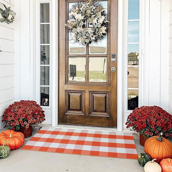 Buffalo Plaid Outdoor Rugs, 2'x4'3'' Orange and White Checkered Indoor/Outdoor Area Rug, Layering Rug for Hello/Welcome Door Mat, Washable Cotton Woven Farmhouse Mat for Fall Front Porch Décor