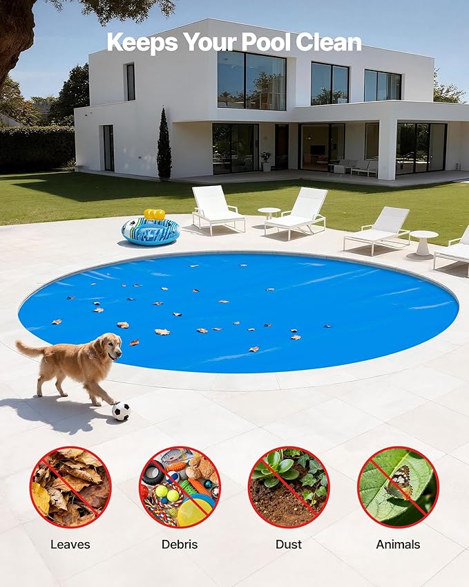 VEVOR Solar Pool Cover, 24 ft Round Pool Bubble Cover, 16 Mil Pools Solar Blanket with Bubble & PE Material, Daytime Heat Absorption, Nighttime Heat Retention, Heat Retaining Solars Covers, Blue