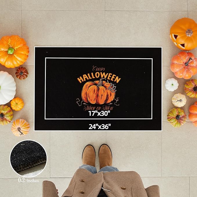 Pumpkin Front Door Mat Indoor Outside Entrance, Heavy Duty Dirt Trapper Doormat with Non Slip Backing Entryway Mat for Front Back Door, 17'' x 30'', Pumpkin Black