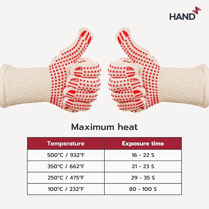 Hand+ Heat Resistant Oven Gloves (Size S/M) 932°F / 500°C for BBQ Baking Cooking Smoker Fireplace Camping with Silicone Grip Thermo Dot Level 4 EN407 Certified