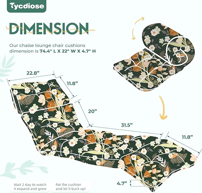 Outdoor Chaise Lounge Chair Cushion Waterproof 74.4 x 22 x 4.7 Inches Memory Foam Lounge Chair Cushions for Outdoor Furniture with Ties, Thickened Pool Lounge Chair Cushion, Green Floral