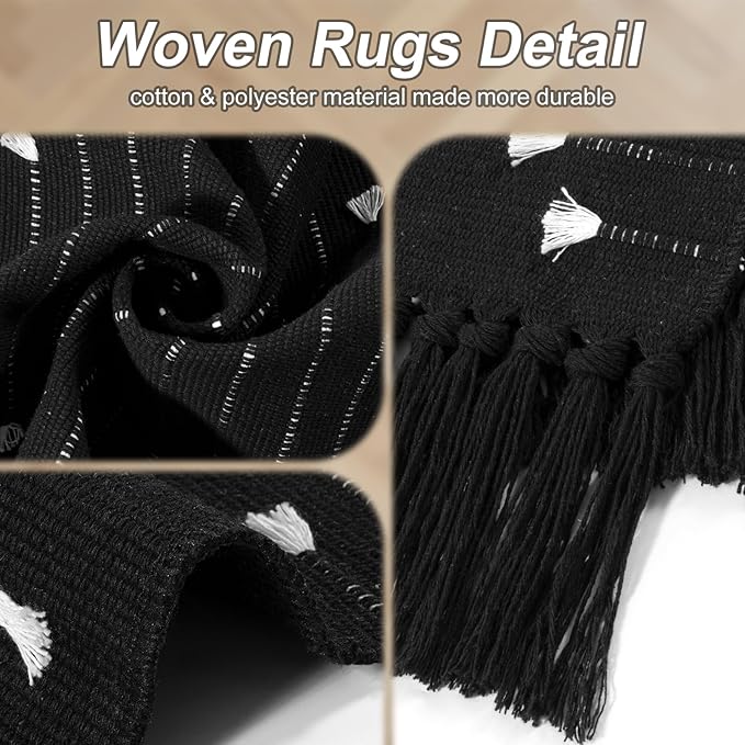 LIVEBOX Boho Kitchen Rug 2' x 4.3' Washable Bathroom Runner with Tassel, Moroccan Black Area Rugs Small Woven Cotton Throw Rug for Entryway Laundry Room Hallway