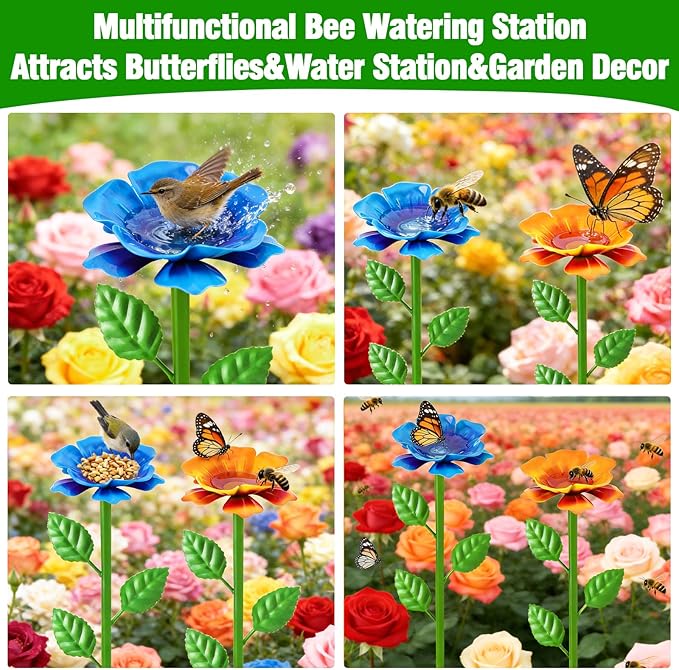2 Pack Bee Watering Station, Metal Bee Water Station with Flower Design Colorful Butterfly Bath Bowl Drinking Feeder Cups for Outdoor Garden Yard Decor (Blue,Yellow)