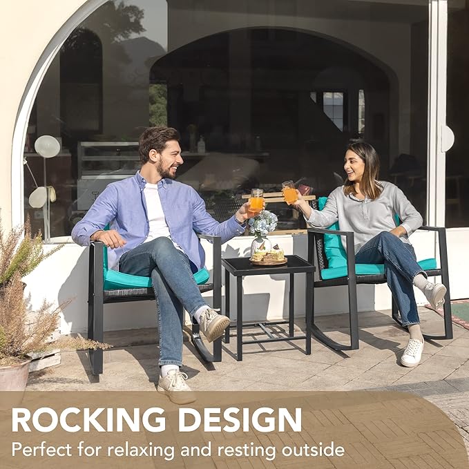 Devoko 3 Piece Rocking Bistro Set Wicker Patio Outdoor Furniture Porch Chairs Conversation Sets with Glass Coffee Table (Blue)