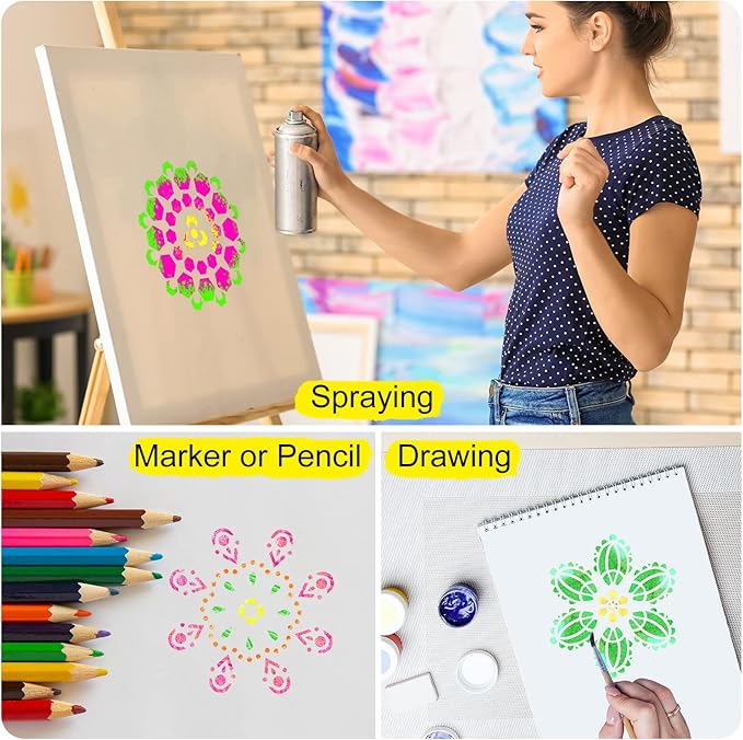 Marspark 66 Pcs Spring Easter Small Stencils for Crafts Reusable 3 Inch Stencils for Painting on Wood DIY Craft Paint Template for Wall Home Decor Card Rock Canvas Drawing Holiday (Mandala)