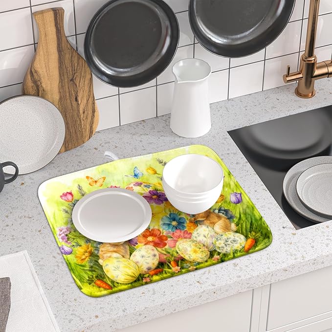 Easter Dish Drying Mat for Kitchen Counter Spring Bunny Microfiber Countertop Mat Small