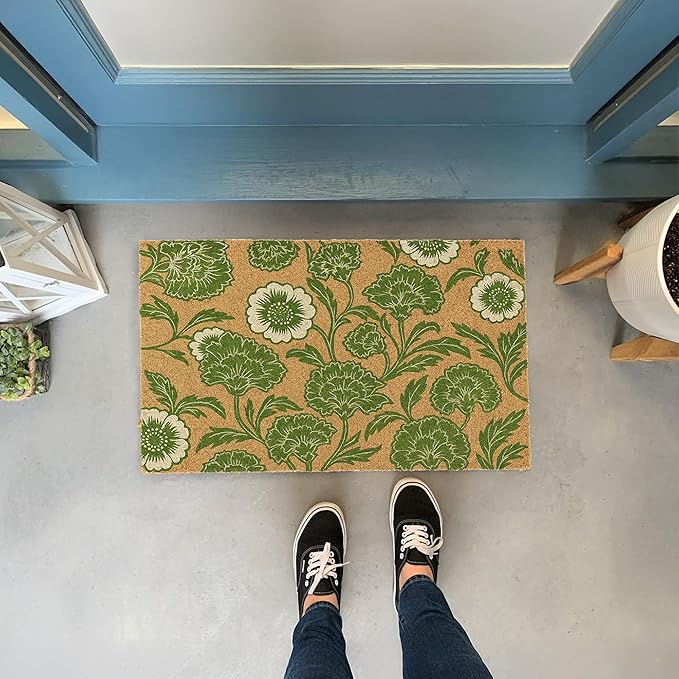 Coir Door Mat, Floral Print Entryway Floor Mats with Non-Slip PVC Backing, Indoor Outdoor Mat for Front Door Decor, Door Mat, Welcome Mats with Chelsea Flower Print, Green, 30”x 17”
