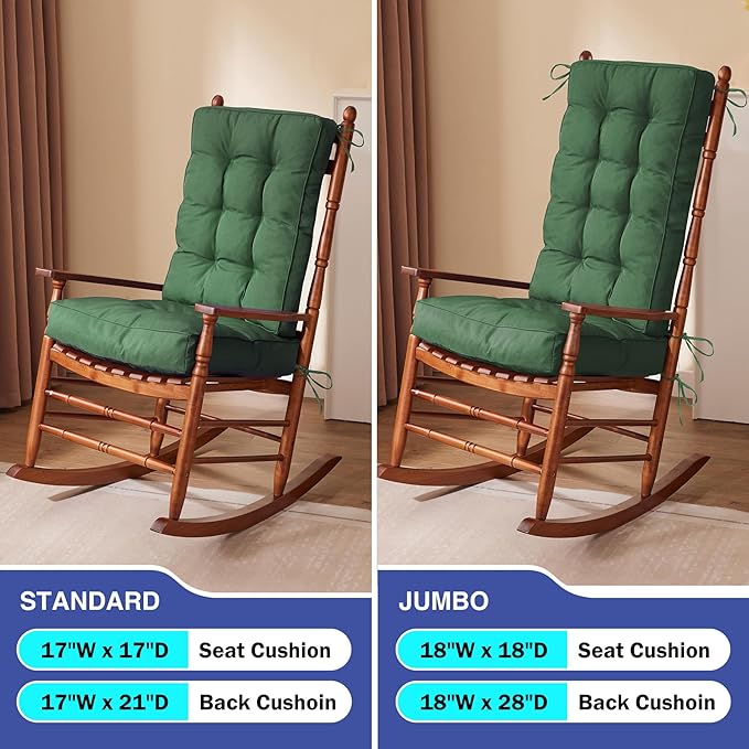 Rocking Chair Cushion, Waterproof and Fade-Resistant Patio Chair Cushions, Tufted Chair Pads for Rocker Furniture, 17x17 Inch, Indoor/Outdoor Seat Cushions with Ties, Dark Green