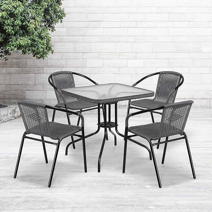 Flash Furniture 5-Piece 28" Square Indoor/Outdoor Patio Table and Chairs Set, Glass Metal Bistro Table and 4 Stacking Rattan Chairs, Gray