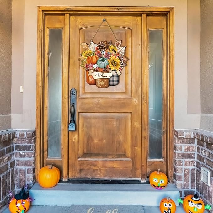 Boao Welcome Thanksgiving Door Decorations Thanksgiving Sign Hanging Decoration Wall Hanger Masquerade Carnival Wreath for Outdoor Farmhouse Porch Front Door Decor