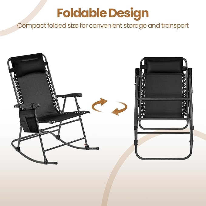 Yaheetech 26in Rocking Chair Outdoor Zero Gravity Folding Chairs Rocking Chairs Foldable Outdoor Reclining Lounge Chair for Outside Lawn with Cupholder/Pillow Ergonomic Design for Rest, Black