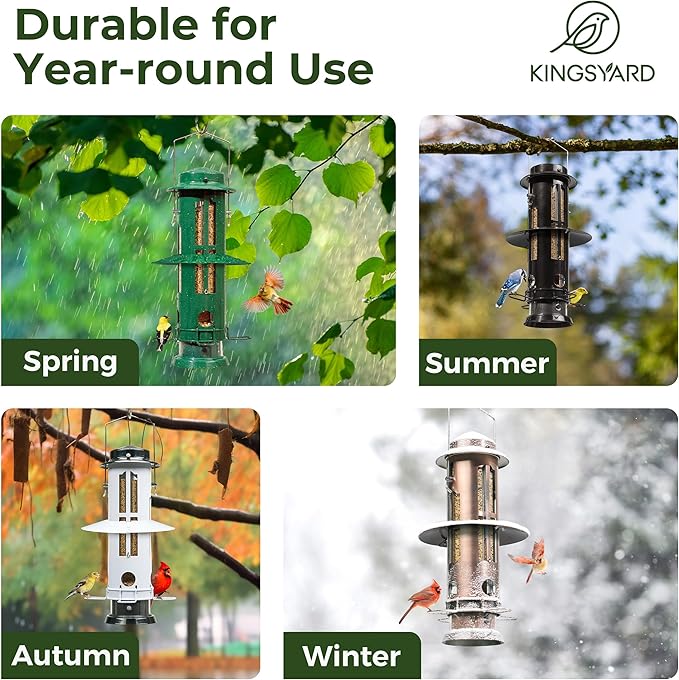 Kingsyard Squirrel Proof Bird Feeder for Outdoors Hanging, Metal Wild Bird Feeders with Removable Base and Baffle, Easy to Clean & Refill, 3 lbs Large Seed Capacity, Black