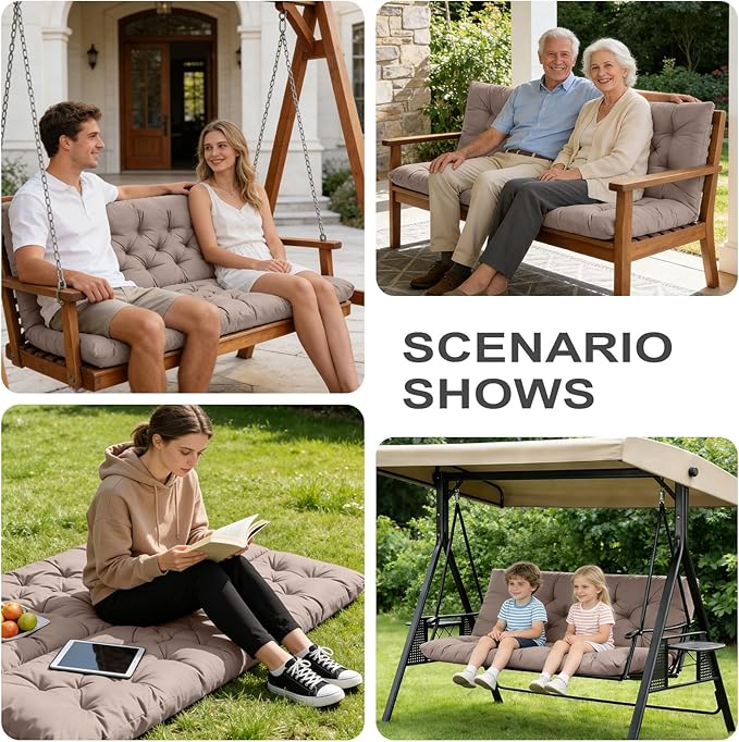 Outdoor Swing Cushions,Waterproof Swing Cushions 3 Seater Replacement with Backrest,Outdoor Thickened Bench Cushion with Ties for Porch,Patio,Backyard,Garden and Lawn (Khaki 60 * 40 in)