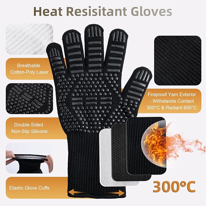 CHANGEMOORE 9.1'' Fire Pit Mat & Heat Resistant Gloves Set, Tabletop Protection with Foldable Stand, Barbecue Heat Resistant Mat for Tabletop Fire Pit, Long Wrist Non-Slip Silicone, up to 300°C