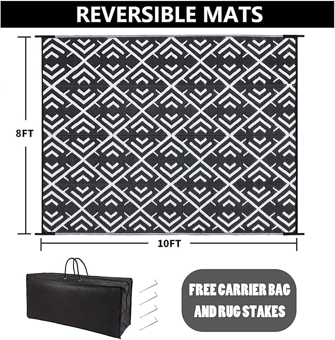 HUGEAR RV Outdoor Rug Waterproof Mat Outdoor Rugs 9'x12' for Patios Clearance Carpet Outdoor Camping Rugs Large Plastic Straw Rug(8x10ft Geometric Black&White)