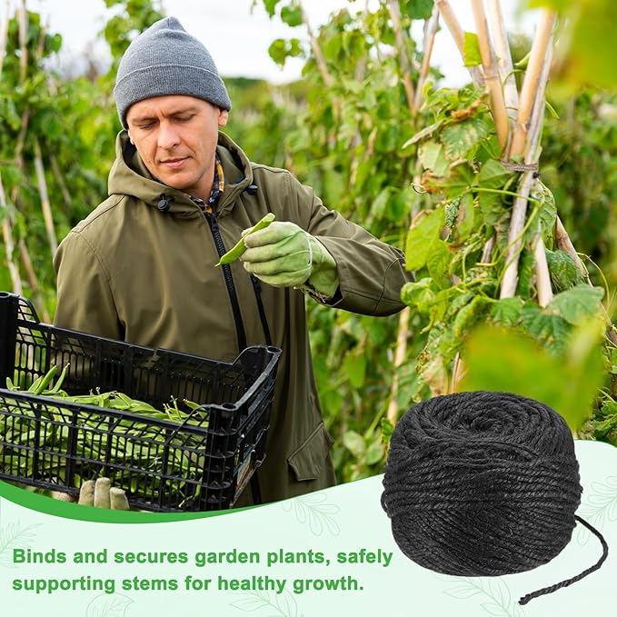 1-Pack Natural Jute Twine String, 3mm x 328ft/100m Long Garden Twine Balls for Crafts/Gift Wrapping/Gardening Plants, Durable Plant Ties Thick Rope [Black]