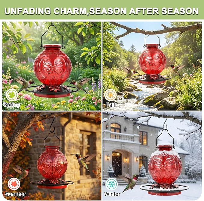 Glass Hummingbird Feeder for Outdoors Hanging, 25Oz Humming Bird Nectar Feeders with Perch & 5 Flower Feeding Ports, Leak Proof for Outside Garden Decor, Gifts for Women (Red)