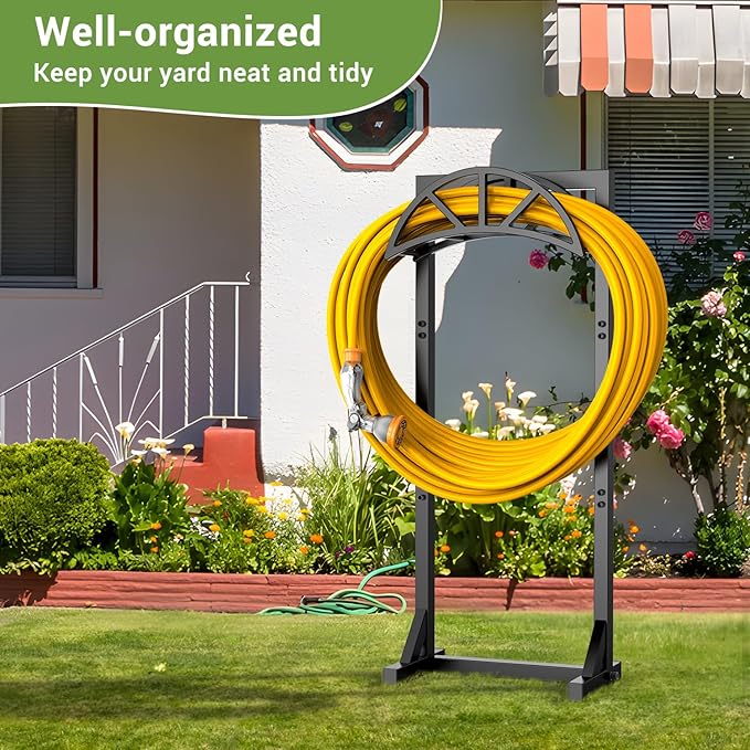 Freestanding Garden Hose Holder, Heavy Duty Water Hose Holder Stand with Stable 4-Spike Base, Fits 5/8" Hoses up to 150ft, No-Drill Yard Storage Alternative to Hose Reel