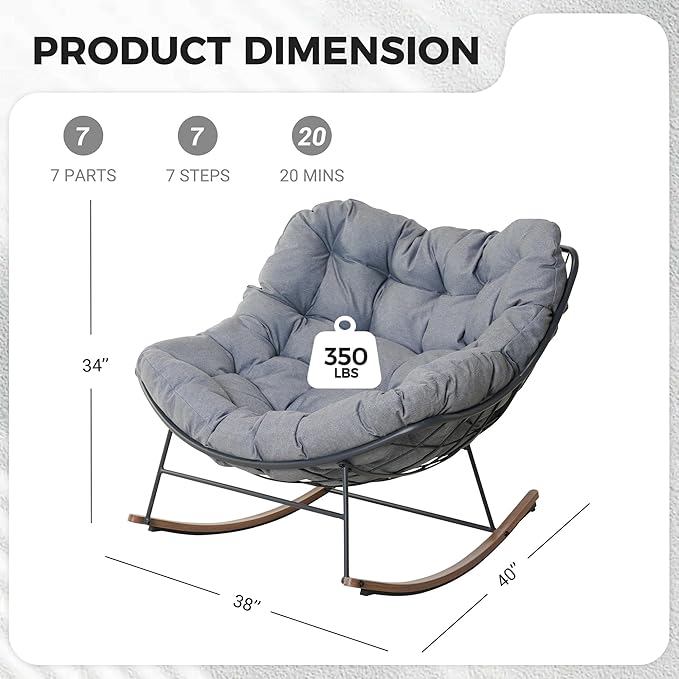 Grand patio Outdoor Rocking Chair with 2 Cushions, E-Coated Modern Cozy Lounge Rocker Chair with Cushion for Balcony Porch Patio, Gray & Houndstooth