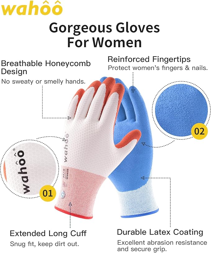 wahoo Gardening Gloves for Women, Garden Gloves with Latex Palm Coated, Breathable B.COMB AIR Technique, Pureed Pumpkin & Azure Blue, Small, 2 Pairs