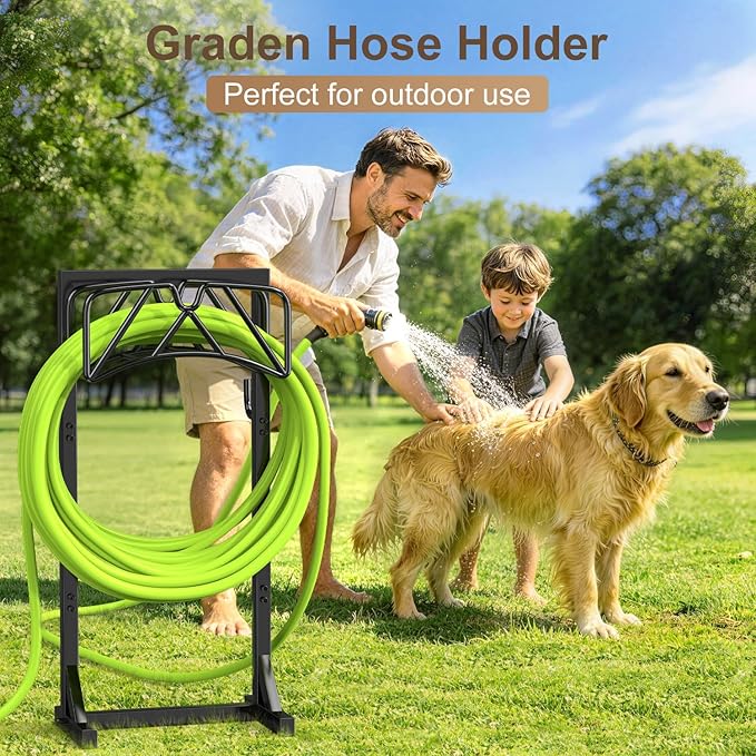 Heavy Duty Freestanding Hose Stand, Garden Water Hose Holder Rack with Tool Hooks, 4 Anchoring Spikes, Holds 150 ft for Lawn & Yard