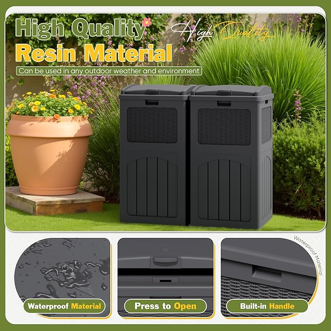 Greesum 33 Gallon Outdoor Trash Can with Lid, Waterproof Resin Garbage Bin for Hideaway, Deck, Patio, 2 Pack, Gray