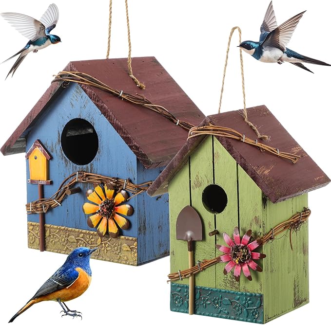 2 Pcs Decorative Birdhouse for Yard Outside Hanging Wooden Birdhouse Hand Painted Bird Box for Bird Lovers Bluebird Tree Swallow Wild Chickadee Garden Decor(Red,Blue,Wooden Roof)