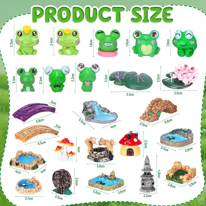 24 Pcs Mini Resin Frog Figures Miniature Fairy Garden Accessories Mushroom Pond Bridge Lighthouse Figures Water Well Fake Lawn Figurines Decoration for DIY Craft Plant Pot Garden Decor