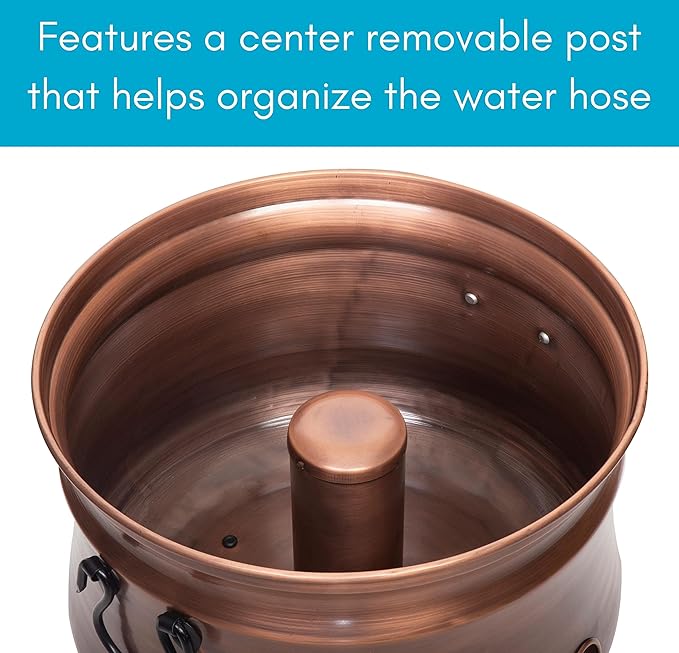 BIRDROCK HOME Water Hose Holder - Decorative Metal Pot, Indoor or Outdoor, Garden Storage Organizer, Patio Portable Bucket - Antique Copper, Holds up to 200ft Hoses, Large with Lid
